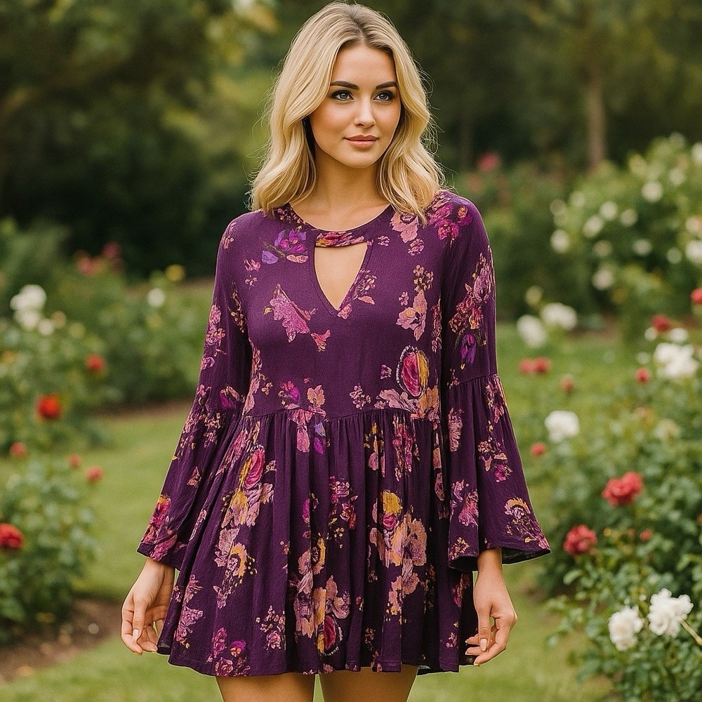 NEW Patrons of Peace Floral Bell Sleeve Keyhole Dress‎ Fairy Feminine Bohemian M